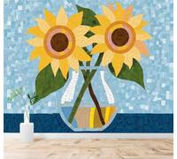 Papier Peint 3D Bleu Géométrique Mosaïque Vase En Verre Tournesols | Fresques Murales et Créatives Décoration D'intérieur Pour le Bureau Salon la Chambre Coucher Canapé Mural de Luxe-200cm×140cm