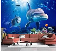 Papier Peint 3D Caricature Dauphin Bleu Monde Sous Marin Corail | Facile à Installer Cette Décoration Luxueuse Est Idéale Pour un Bureau Salon une Chambre ou Mur Derrière le TV-150cm×105cm
