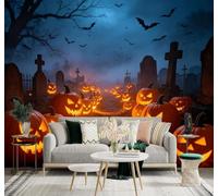 Papier Peint 3D Cimetière Citrouille Lanterne Chauve Souris | Facile à Installer Cette Décoration Luxueuse Est Idéale Pour un Bureau Salon une Chambre ou Mur Derrière le TV-150cm×105cm
