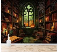 Papier Peint 3D Citrouille Chauve Souris Bibliothèque Lueur De Bougie | Facile à Installer Cette Décoration Luxueuse Est Idéale Pour un Bureau Salon une Chambre ou Mur Derrière le TV-250cm×170cm