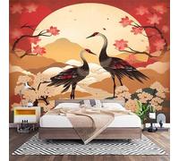 Papier Peint 3D Effet Panoramique Photo Muraux 300x210 cm, Poster Intissé Mural Style Japonais Fleurs Grue à Couronne Rouge Geant Mural Salon Chambre Restaurant Décoration Murale, Art Et Design
