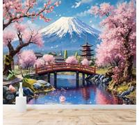 Papier Peint 3D Fleurs De Cerisier Roses Pont En Arc Rivière Montagnes | Fresques Murales et Créatives Décoration D'intérieur Pour le Bureau Salon la Chambre Coucher Canapé Mural de Luxe-200cm×140cm