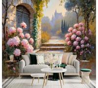 Papier Peint 3D Maisonnette Pierre Jardin Hortensias Roses Château Chemin | Autocollants Décoratifs Haut de Gamme Adaptés à Tous les Murs Des Restaurants Canapés Salons et Chambres Coucher-430cm×300cm