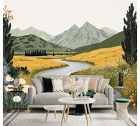 Papier Peint 3D Montagnes Rivières Prairies Dorées Fleurs Sauvages Paysage | Fresques Murales et Créatives Décoration D'intérieur Pour le Bureau Salon la Chambre Coucher Canapé Mural de Luxe-300cm×210cm