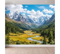 Papier Peint 3D Panoramique Montagne Forêt 400 x 280 cm, Papier Peint Intissé Mural Prairie Alpine Dorée Rustique Maison De Ferme pour Salon Chambre Canapé TV Fond Décoration Intérieure
