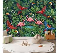 Papier Peint 3D Panoramique Oiseau Plantes Et Fleurs 250 x 175 cm, Papier Peint Intissé Mural Motif Feuille Botanique Et Flamant Rose Tropical pour Salon Chambre Canapé TV Fond Décoration Intérieure