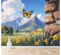 Papier Peint 3D Papillons Montagnes Enneigées Prairies Fleurs Paysages | Autocollants Décoratifs Haut de Gamme Adaptés à Tous les Murs Des Restaurants Canapés Salons et Chambres Coucher-300cm×210cm