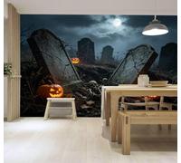 Papier Peint 3D Pleine Lune Squelette Lanterne De Citrouille | Soie Texturée Décorative de Luxe Idéale Manger le Salon Canapé la Chambre Coucher Maison Murs D'accent Devant TV-400cm×280cm