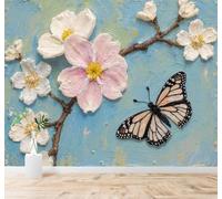 Papier Peint 3D Relief Fleurs Blanc Rosé Papillons Abstrait Bleu Clair | Une Texture Soyeuse et Luxueuse Intissé Idéale Pour la Salle à Manger le Salon Chambre Bureau Canapé Mur Derrière-150cm×105cm