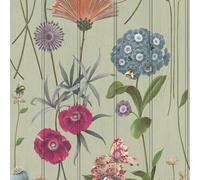 Papier peint à thème floral botanique sur fond effet panneau de bois, parfait pour les salles à manger, les chambres à coucher, le style cottage Sage Green Belgravia 4773