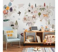 Papier peint adhésif - Beige World - Continents avec des animaux aux couleurs douces 441 x 315 cm Pour enfants e-C-10078-a-a