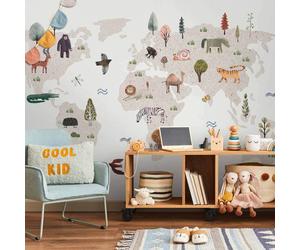 Papier peint adhésif - Beige World - Continents avec des animaux aux couleurs douces 441 x 315 cm Pour enfants e-C-10078-a-a