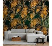 Papier peint adhésif - Plumes de paon dorées - fond uni avec motif d'oiseaux sur fond vert 441 x 315 cm Fleurs b-A-10107-a-c