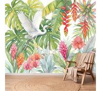 Papier Peint Aigrette Fleurs Feuille, 250 x 175 cm Facile à nettoyer Mural | Multicolore Papier Peint Intissé Panoramique pour Chambre Salon Bureau Decoration Murale, Tropical Aquarelle Non collé Mural