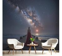 Papier peint Art panoramique, Papier peint Soie Ciel De Rêve Galaxie Étoilé, 300x210cm Mur XXL Muraux Tapisserie Photo Décoration Murale Salon Chambre, Robe Longue Vue De Dos Plage, Violet Clair
