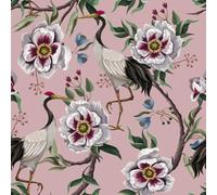 Papier peint autocollant Azomor rose vintage à motifs de fleurs, d'oiseaux et de grues