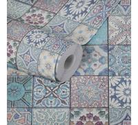 Papier Peint Autocollant Vintage Motif Mosaïque - Multicolore, Bleu, Violet