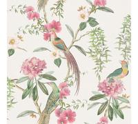 Papier peint avec des plantes de jardin exotiques, des fleurs et des oiseaux de jardin colorés, rose et vert, Arthouse 924907