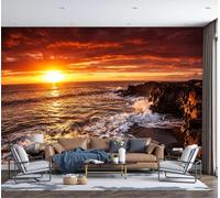 Papier Peint Brise du coucher de soleil en bord de mer Panoramique 3D Récifs de lave à la surface de la mer Papier Peint Or orange Murale Salon Chambre à Coucher Maison Décoration Intérieure 250x175cm