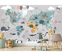 Papier peint carte du monde avec animaux - Papier peint pour enfants - Motif continent - Géographie de l'océan - 366 x 254 cm - Décoration murale géante - Poster en papier pour chambre d'enfant