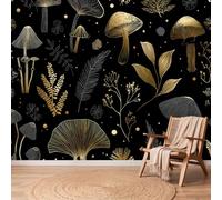 Papier Peint Champignon Plante Feuille, 250 x 175 cm Non collé Mural | Noir Or Papier Peint Intissé Panoramique Poster Chambre Salon Bureau Decoration Murale, Sombre Luxe Facile à nettoyer Mural