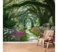 Papier Peint Chemin Fleurs Bois, 200 x 140 cm Facile à nettoyer Mural | Multicolore Papier Peint Intissé Panoramique Poster Chambre Salon Bureau Decoration Murale, 3D Paysage Non collé Mural