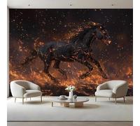 Papier Peint Cheval Noir Autocollant,Feu Fantastique Grande Fresque Murale En Toile Canvas,Déco Murale Amovible pour Chambre,350 x 256 cm