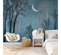 Papier Peint Croissant De Lune Tronc D'Arbre Desséché 300x210cm Panoramique Soie Murale Scène Nocturne Tranquille Papier Peint XXL Fresque Murale Peinture Décorative Pour Salon Chambre, Bleu