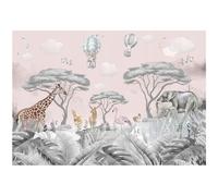 WallArena - Papier peint panoramique intissé für Mädchen und Jungen Animaux de la jungle 350x250 cm - Papier peint photo non tissé - Pour salon et chambre à coucher - Effet 3D - forêt rose blanche
