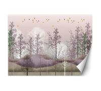 Papier Peint - Entoilage 130g/m2 - Motif Oiseaux au-dessus de la forêt - 368x254 cm - Rose - Décoration murale à coller - Feeby