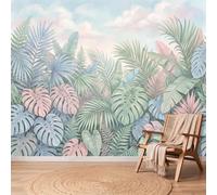 Papier Peint Feuille Nuage Ciel, 150 x 105 cm Facile à nettoyer Mural | Rose Vert Papier Peint Intissé Panoramique pour Chambre Salon Bureau Decoration Murale, Rêveur Plante Non collé Mural