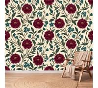 Papier Peint Fleurs Branche Feuille, 350 x 256 cm Facile à nettoyer Mural | Rouge Vert Papier Peint Intissé Panoramique pour Chambre Salon Bureau Decoration Murale, Vintage Morris Non collé Mural