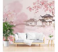 Papier Peint Fleurs de Cerisier Japonais,Papier Peint Panoramique Aquarelle Paysage Naturel,Décoration Murale,Pour Salon 350x256cm