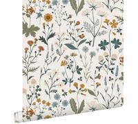 papier peint fleurs des champs jaune ocre, vert grisé et vintage bleu 53 cm x 10.05 m - ESTAhome