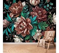 Papier Peint Fleurs Feuille Goutte D'Eau, 250 x 175 cm Non collé Mural | Vert Brun Papier Peint Intissé Panoramique pour Chambre Salon Bureau Decoration Murale, Luxe Baroque Facile à nettoyer Mural