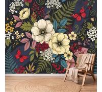 Papier Peint Fleurs Papillon Plante, 200 x 140 cm Facile à nettoyer Mural | Multicolore Papier Peint Intissé Panoramique Murale Chambre Salon Bureau Decoration, Moderne Illustration Non collé Mural