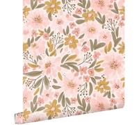 papier peint fleurs rose clair, jaune ocre et vert grisé 50 x 900 cm - ESTAhome