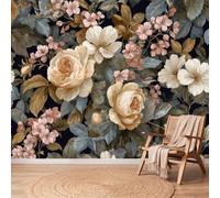Papier Peint Fleurs Rose Feuille, 150 x 105 cm Facile à nettoyer Mural | Beige Vert Papier Peint Intissé Panoramique pour Chambre Salon Bureau Decoration Murale, Luxe Victorien Non collé Mural