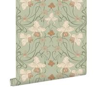 papier peint fleurs vintage de style art nouveau vert grisé et terracotta 53 cm x 10.05 m - ESTAhome