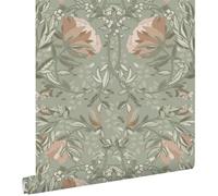 papier peint fleurs vintage de style art nouveau vert grisé et vieux rose 53 cm x 10.05 m - ESTAhome