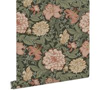 papier peint fleurs vintage vert grisé et rose terracotta 53 cm x 10.05 m - ESTAhome
