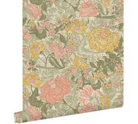 papier peint fleurs vintage vert grisé, rose et jaune ocre 50 x 900 cm - ESTAhome