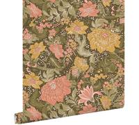 papier peint fleurs vintage vert olive grisé, rose et jaune ocre 50 x 900 cm - ESTAhome
