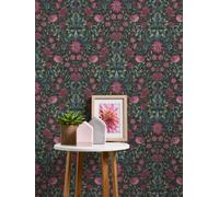 Papier Peint Floral Avec Oiseaux - Noir, Rose, Bleu