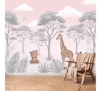 Papier Peint Forêt Ours Girafe, 400 x 280 cm Facile à nettoyer Mural | Rose Brun Papier Peint Intissé Panoramique pour Chambre Salon Bureau Decoration Murale, Nordique Cartoon Non collé Mural