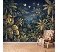 Papier Peint Forêt Palmier Oiseau En Vol, 300 x 210 cm Non collé Mural | Bleu Or Papier Peint Intissé Panoramique pour Chambre Salon Bureau Decoration Murale, Luxe Tropical Facile à nettoyer Mural