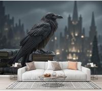 Papier Peint Gothique Architecture Corbeau 3D Effet Panoramique Photo Muraux | 300×210 CM Poster Mural Livres Anciens Châteaux Corbeaux Geant Mural Salon Chambre D'enfants Restaurant Décoration Murale