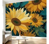 Papier Peint Impressionniste, Papier Peint Panoramique Tournesol Jaune Feuilles Vertes, Tapisserie Premium Géante Poster Mural Intissé pour Salon Chambre d'Enfant Bureau Décoration Murale 350x256 cm
