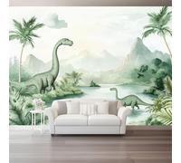 Papier Peint Intissé 350 x 256 cm, Aquarelle Vintage Dinosaure, Décoration Murale pour Chambre Principale et Salon, Vert Pâle