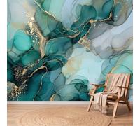 Papier Peint Intissé, 350 x 256 cm Grande Moderne Luxe Léger Papier Peint | Encre De Chine Dégradé Ligne Poster Mural Photo pour Salon Chambre Décor Fond TV, Or Vert Amovibles Papier Peint intérieure